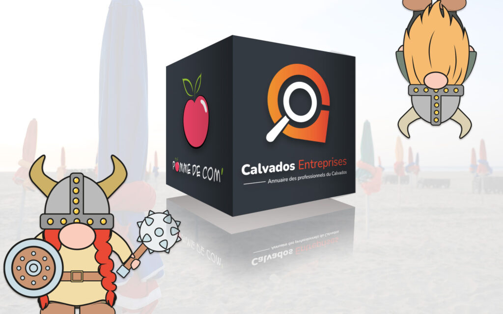 Visuel illustrant le lien entre Calvados-Entreprises.fr et l’agence web Pomme de Com’, avec un cube à deux logos et des mascottes vikings