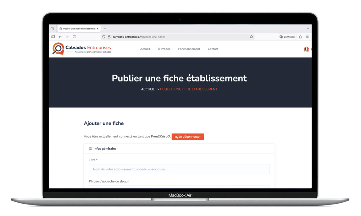 Page de création d'une fiche pro sur Calvados-entreprises.fr