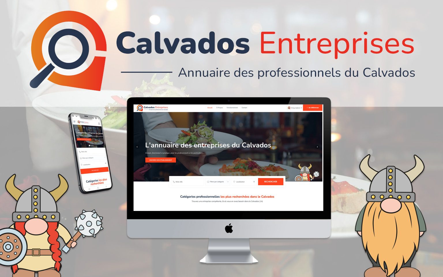 Montage présentant le site Calvados-Entreprises.fr sur smartphone et ordinateur, avec des mascottes vikings, annuaire des entreprises locales du Calvados